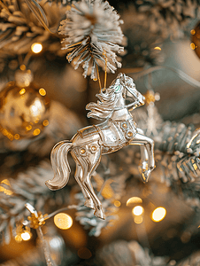 室内晚上灯光摄影照片_圣诞树与银马玩具装饰