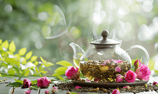 茶壶里的绿茶和水果香料玫瑰花瓣