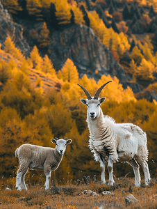 山羊群摄影照片_秋日山羊和绵羊在山上的草坪上吃草