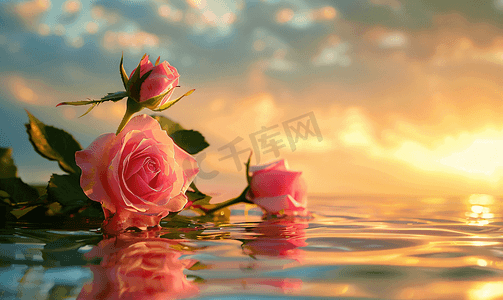 粉色玫瑰花蕾映衬着水面上多云的金色天空