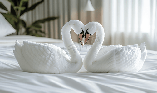 床上的白色两条毛巾天鹅