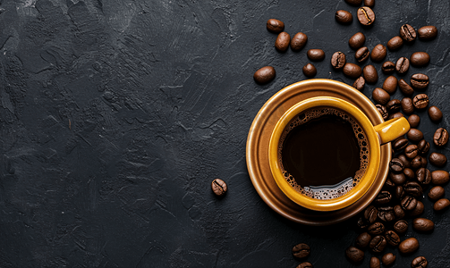 黑色背景中的咖啡杯和咖啡豆
