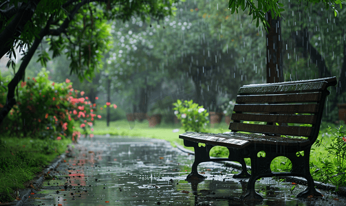 雨花园里的长凳