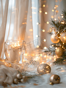 房间里的眼镜和圣诞装饰品明亮的花环和灯光