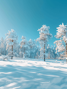 清澈的蓝天神奇的冬季景观白天树木被雪覆盖