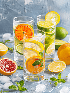 柑橘摄影照片_清爽的夏季鸡尾酒与柑橘类水果