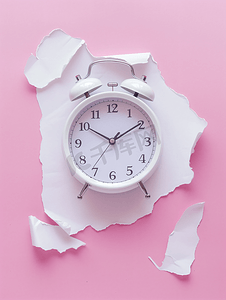 粉红色背景中的白色闹钟和空的撕纸时间概念