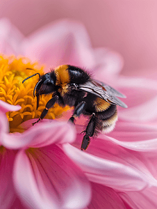 粉红色大丽花花上的大黄蜂在大自然中特写