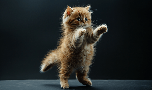 一只棕色异国短毛波斯小猫在黑暗背景中用后腿跳跃