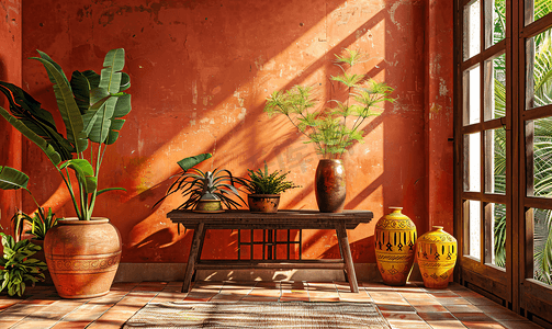 墨西哥室内风格与花瓶和天然木材墨西哥设计室内设计