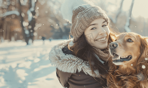 忠诚敬业摄影照片_可爱的拥抱微笑的黑发女孩在冬季公园和她的狗散步时玩得很开心