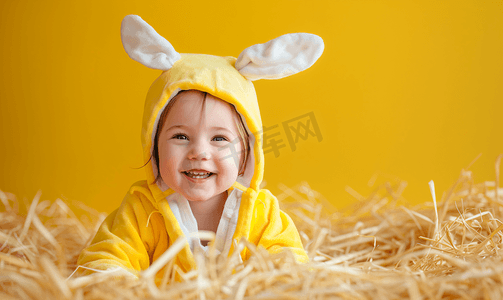 春天可爱孩子摄影照片_穿着兔子服的微笑的孩子微笑着在稻草上摆姿势
