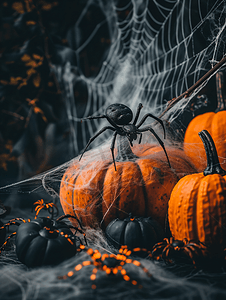 前视图幽灵万圣节横幅上面有蜘蛛坐在覆盖南瓜的网上