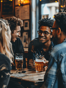 一群年轻朋友坐在酒吧里喝啤酒聊天