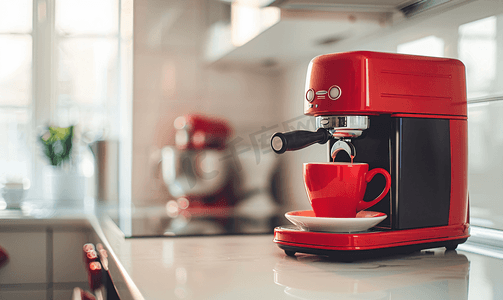 厨房桌子上的咖啡机和红杯