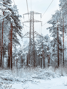 冬季森林中的高压输电塔