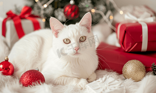 猫节日摄影照片_白色家猫坐在圣诞礼物和装饰品旁冬季假期横幅