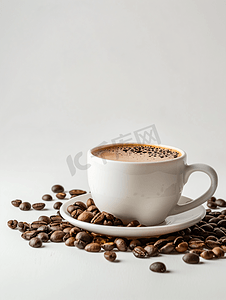 透明杯子装冰块摄影照片_白色背景下的咖啡杯和咖啡豆