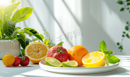 夏天的水果在餐桌上