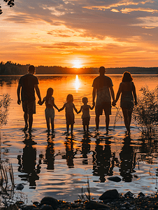日出时分的大家庭靠在湖边六个孩子父母和孩子