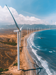 动力升级摄影照片_拥有大型风力发电场的海岸线风景照片