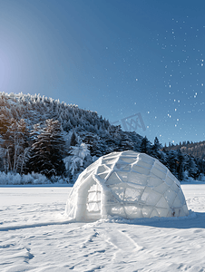 白雪房子摄影照片_蓝天白雪下的冰屋