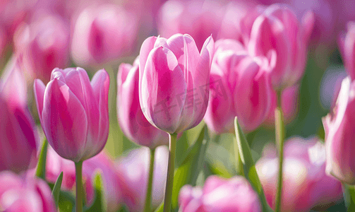 郁金香花摄影照片_郁金香田特写柔和的粉红色郁金香花