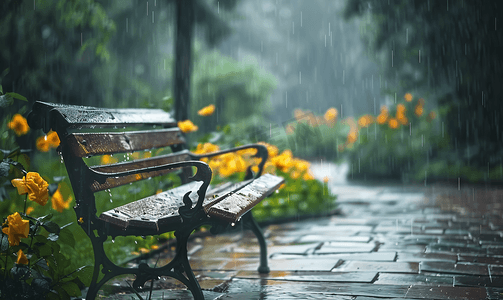 夏季小满摄影照片_雨花园里的长凳