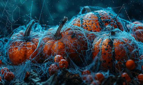 特写镜头：一堆南瓜覆盖在蜘蛛网上令人毛骨悚然的万圣节背景