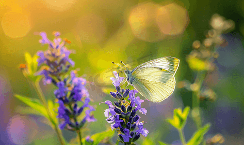 自然界中紫色野花上常见的小蝴蝶