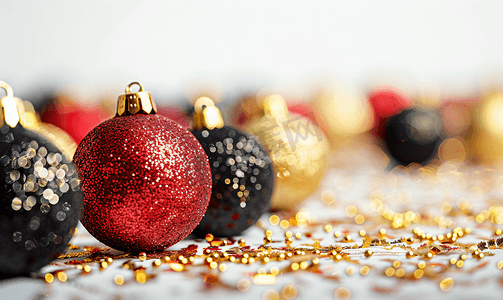 圣诞背景与金色的红色和黑色的球