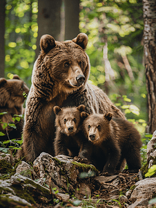 森林里的棕熊家族森林的美丽景色