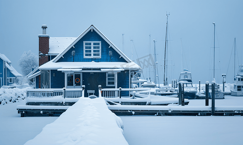 密歇根州马凯特港冬季积雪覆盖的码头房屋