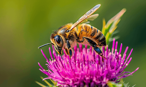 花蓟摄影照片_蜜蜂在矛蓟花上蜜蜂在紫色尖刺花上