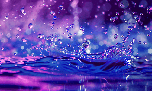 蓝色水溅彩色水滴碰撞的抽象紫色背景