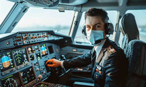 戴着氧气面罩穿着正装的飞行员坐在驾驶舱里控制飞机