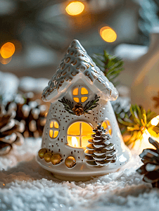 新品来了摄影照片_圣诞家居装饰蜡烛陶瓷房子罐与锥体