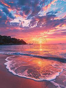 前往泰国兰达岛阴天时海滩上色彩斑斓的日落