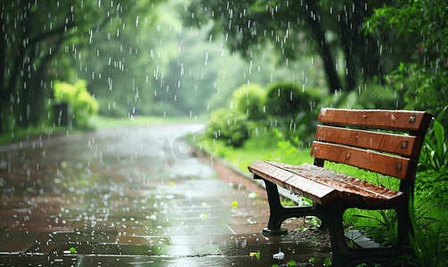 雨花园里的长凳