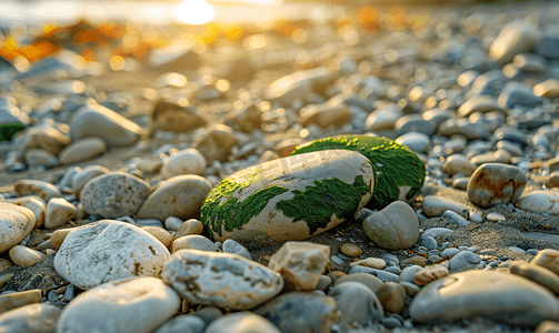 温暖的夏日海滩上有绿藻的卵石
