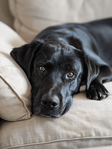 一只黑色拉布拉多猎犬躺在米色沙发上宠物正在休息