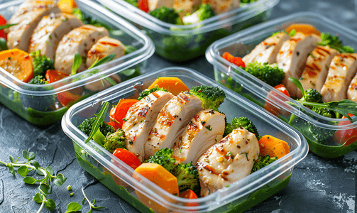 绿色健康的膳食准备容器配有鸡肉和蔬菜