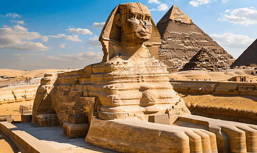 埃及建筑摄影照片_埃及开罗吉萨狮身人面像和金字塔雕像
