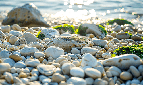 抽象波浪图案摄影照片_温暖的夏日海滩上有绿藻的卵石