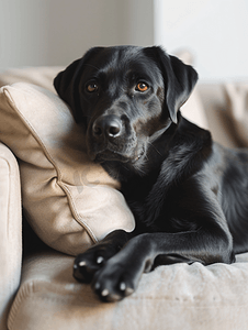 一只黑色拉布拉多猎犬躺在米色沙发上宠物正在休息