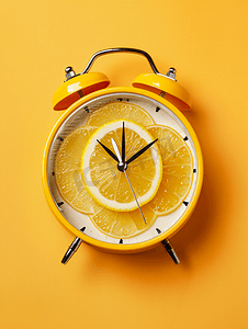 抽象的艺术摄影照片_黄色背景上带有柠檬表盘的创意概念时钟