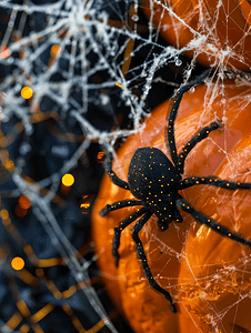 幽灵ghost摄影照片_网上一只蜘蛛的特写覆盖着南瓜万圣节横幅幽灵般的恐怖背景