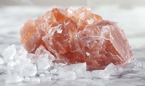 白色大理石上的粗糙红色岩盐岩盐