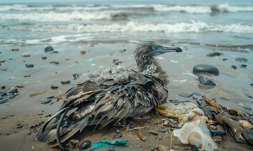 受污染海滩上的鸟尸体