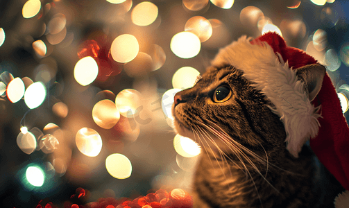 戴着圣诞老人帽子和圣诞灯散景的猫